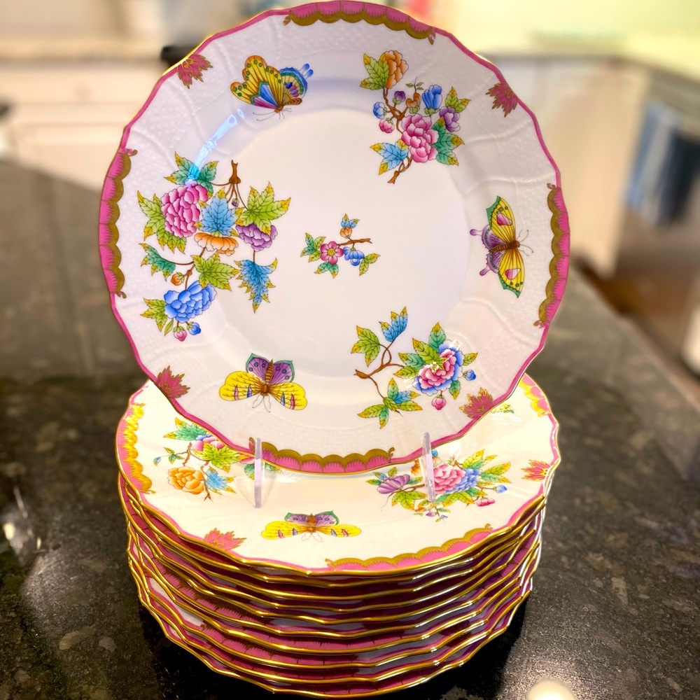 Herend Queen Victoria Pink Dinner Plates-Set of 11